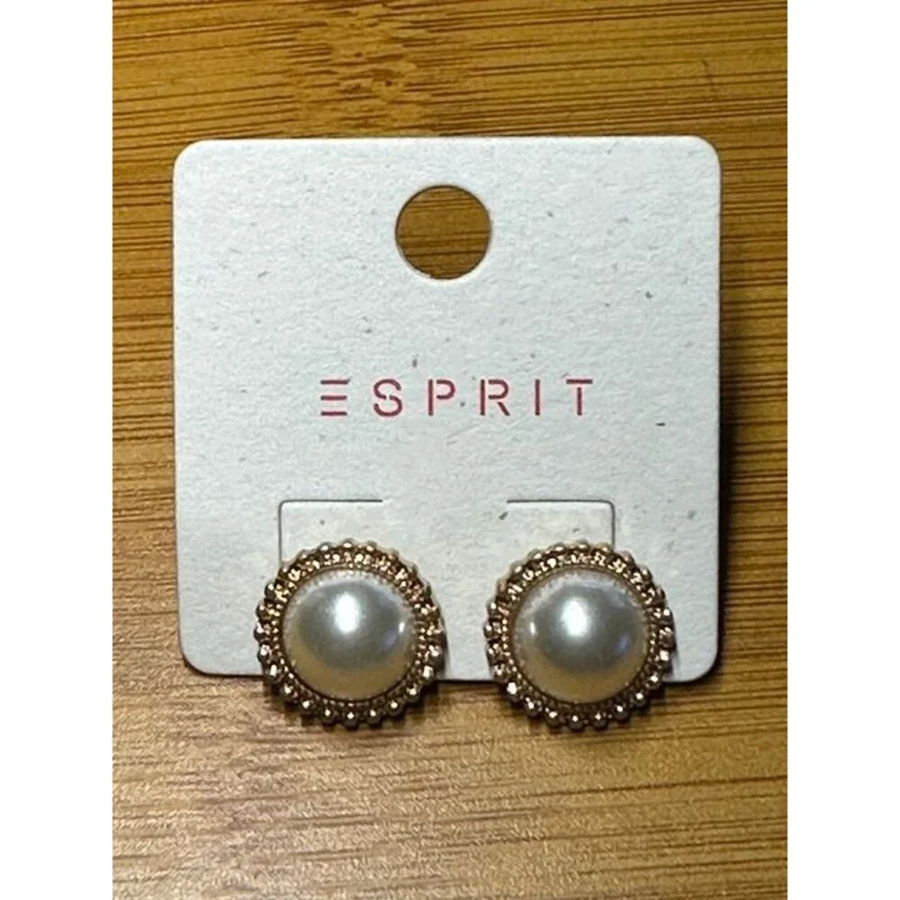 ESPRIT Gold Tone Pearl Stud Earrings Beaded Border Bridal Classic Style New